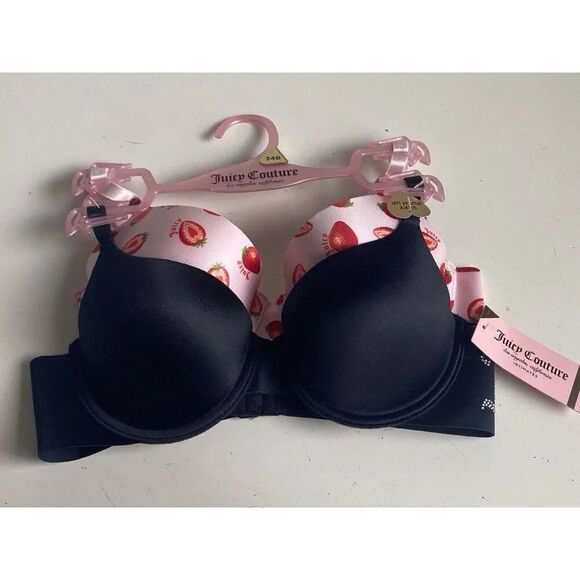 2 Pack Juicy Couture Bra SEXY Push Up JC6965 Strawberries Pink Black Sz 34B NEW - Picture 1 of 7